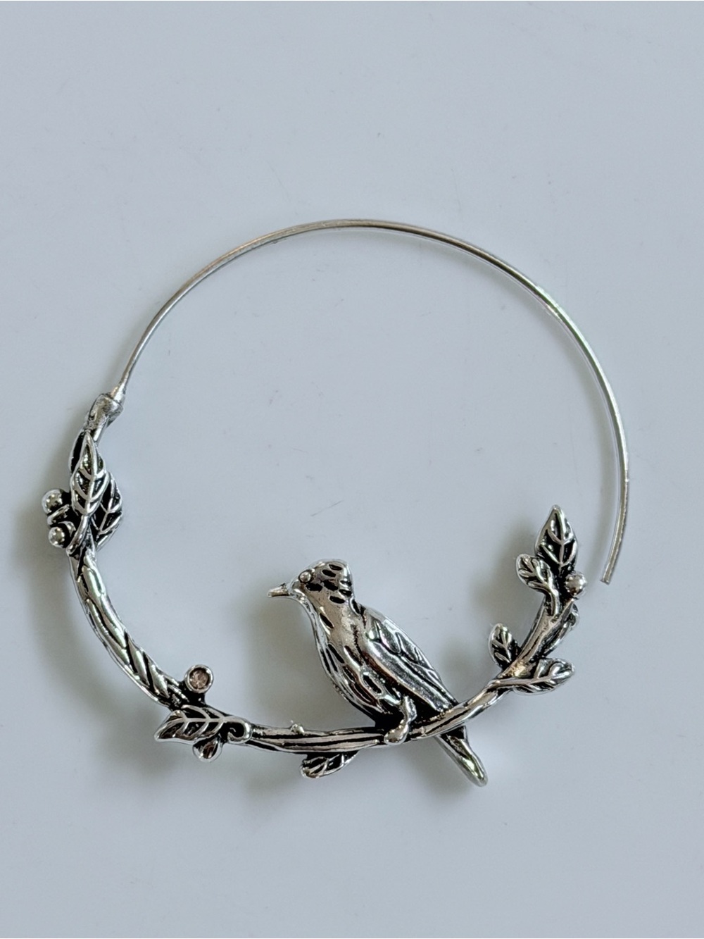 Silver Bird On a Flower Branch Hoop Earrings - Women Jewelry